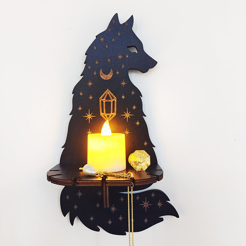 Celestial wooden display shelf for spiritual tools, crystals, and pendulums, unique altar decor