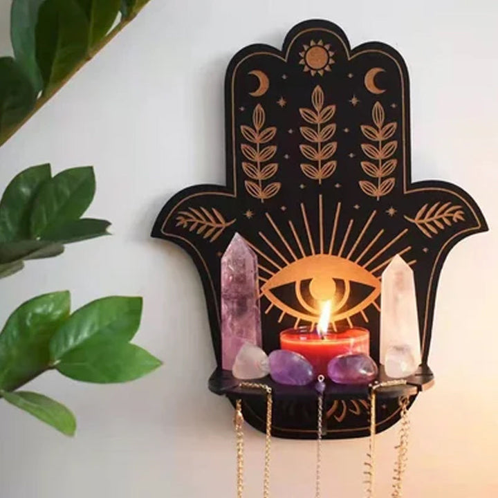 Wooden celestial altar shelf displaying various crystals, perfect for witchcraft and meditation