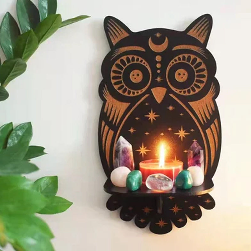 Intricately carved celestial altar shelf with crescent moon and stars, crystal and pendulum display