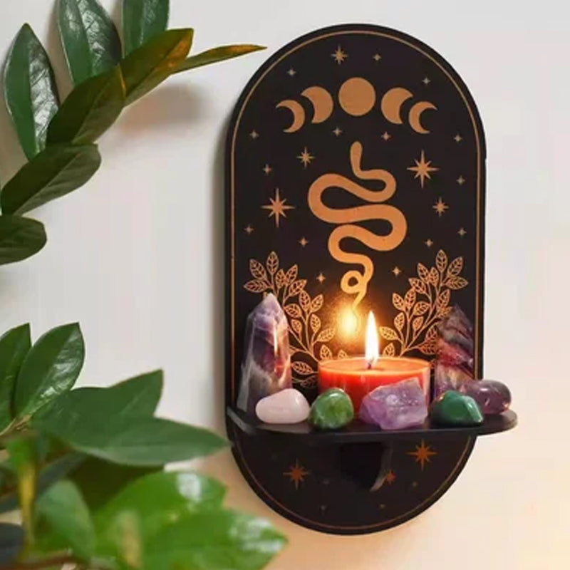 Elegant celestial crystal display shelf, suitable for altars & spiritual home decor, made of wood