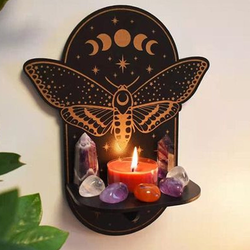Celestial wooden shelf featuring moon phases, holding crystals, spiritual & witchcraft supplies display
