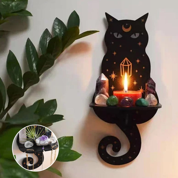 Celestial themed wooden shelf for crystal display and pendulum storage, mystical home accent