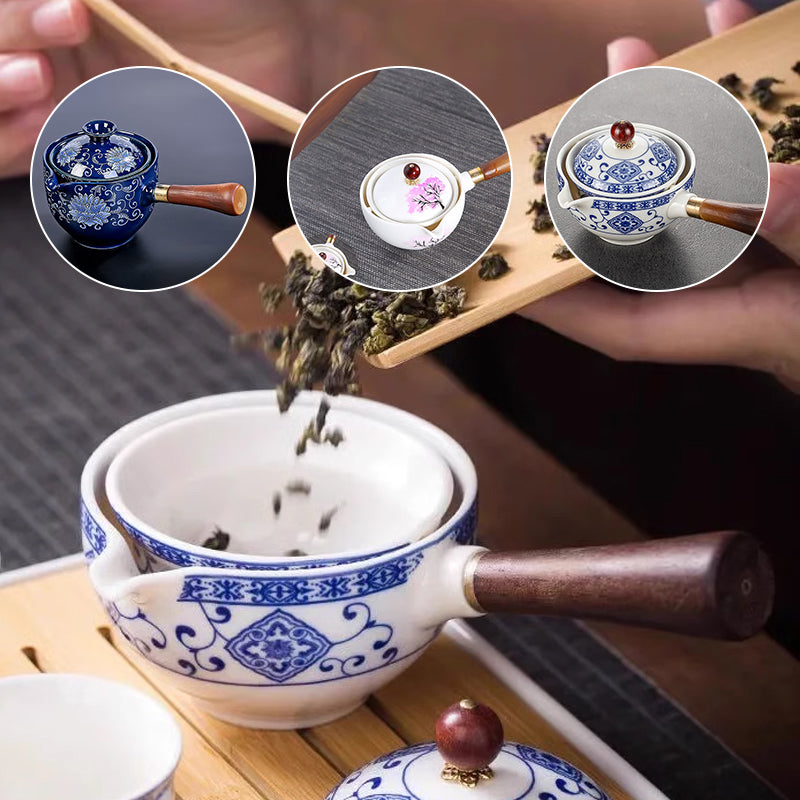 Elegant ceramic tea infuser pot featuring 360° rotation for easy brewing, ideal for any tea lover's kitchen.