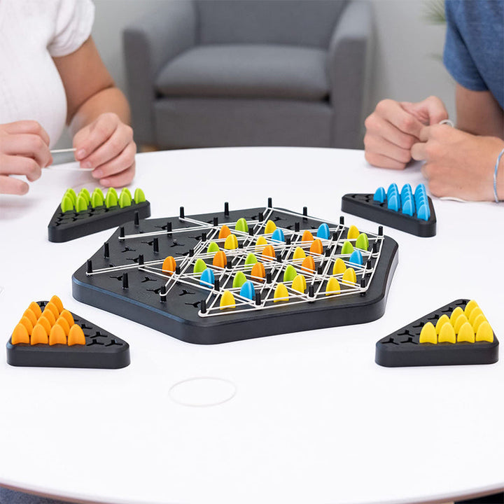 Multicolor Chain Triangle game pieces neatly arranged on the board, ready for play