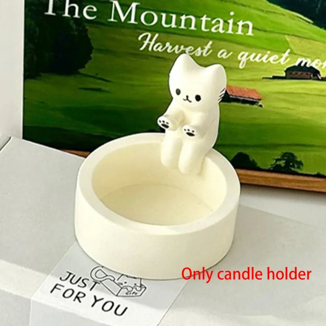 Side view of the charming cat candle holder, a delicate gypsum animal figurine desktop decor piece