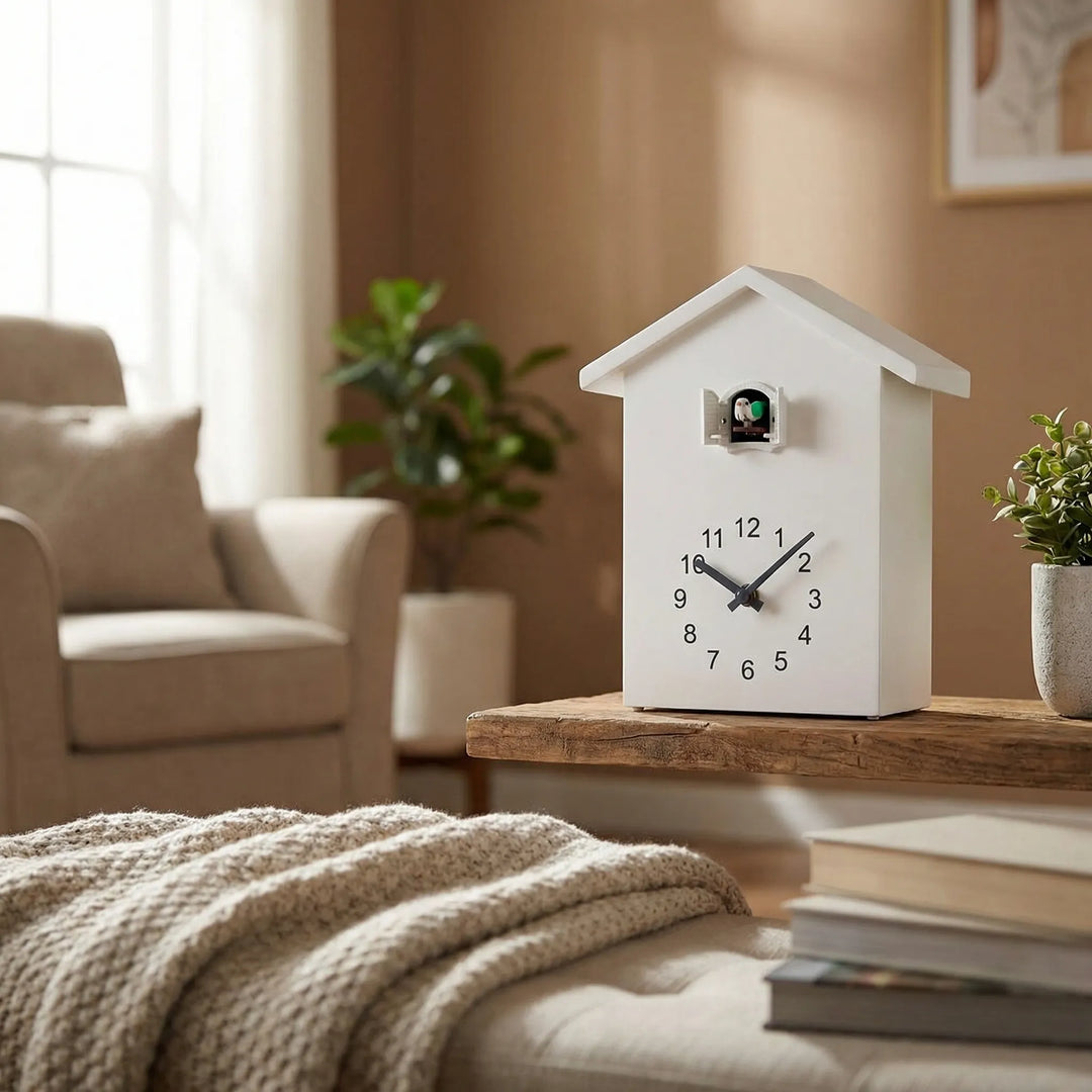 Charming cuckoo wall clock, house-shaped, for modern living room home decor.