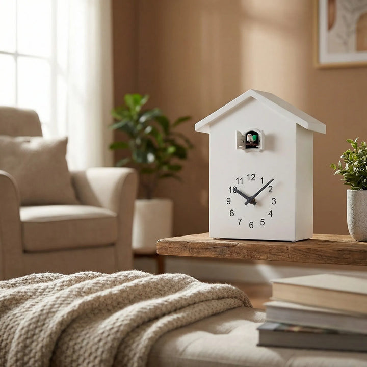 Charming cuckoo wall clock, house-shaped, for modern living room home decor.