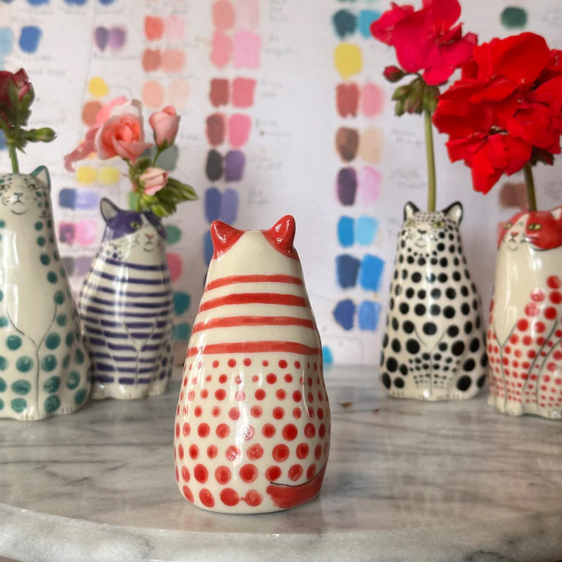 White and black polka dot cat vase, a charming ceramic gift for cat lovers and home decor