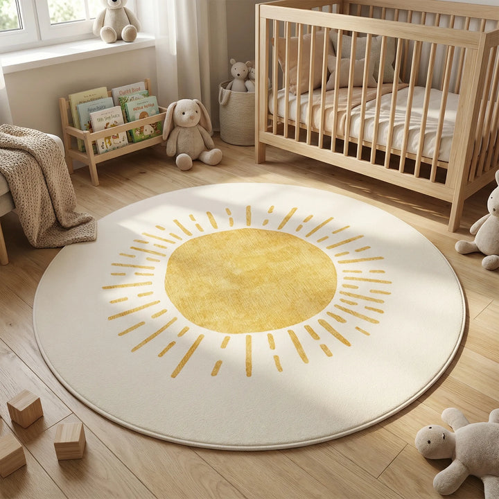 Charming round sun motif area rug with waves, perfect for cozy living room decor. Washable & non-slip accent rug.