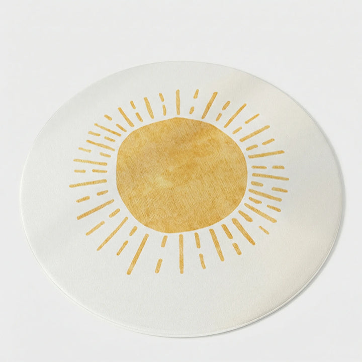 Vibrant round sun motif area rug, Flowique design. Ideal for modern home decor, nursery or living room accent.