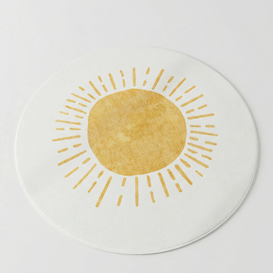 Statement round sun motif area rug with wave pattern, Flowique. Adds charming and cozy flair to home decor.