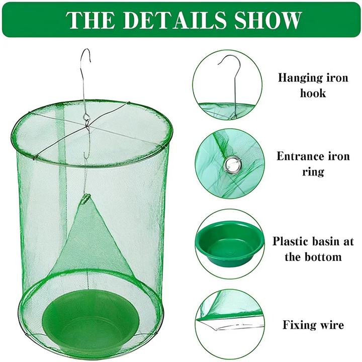 Durable outdoor fly trap hanging in a farm setting, providing chemical-free pest control for stable flies & insects.