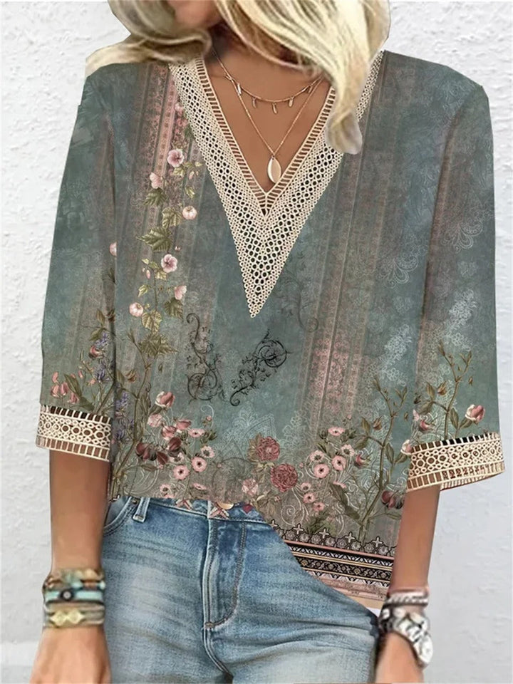 Comfortable brown V-neck blouse for women. Lightweight, relaxed summer shirt with a chic style, perfect for daily wear.