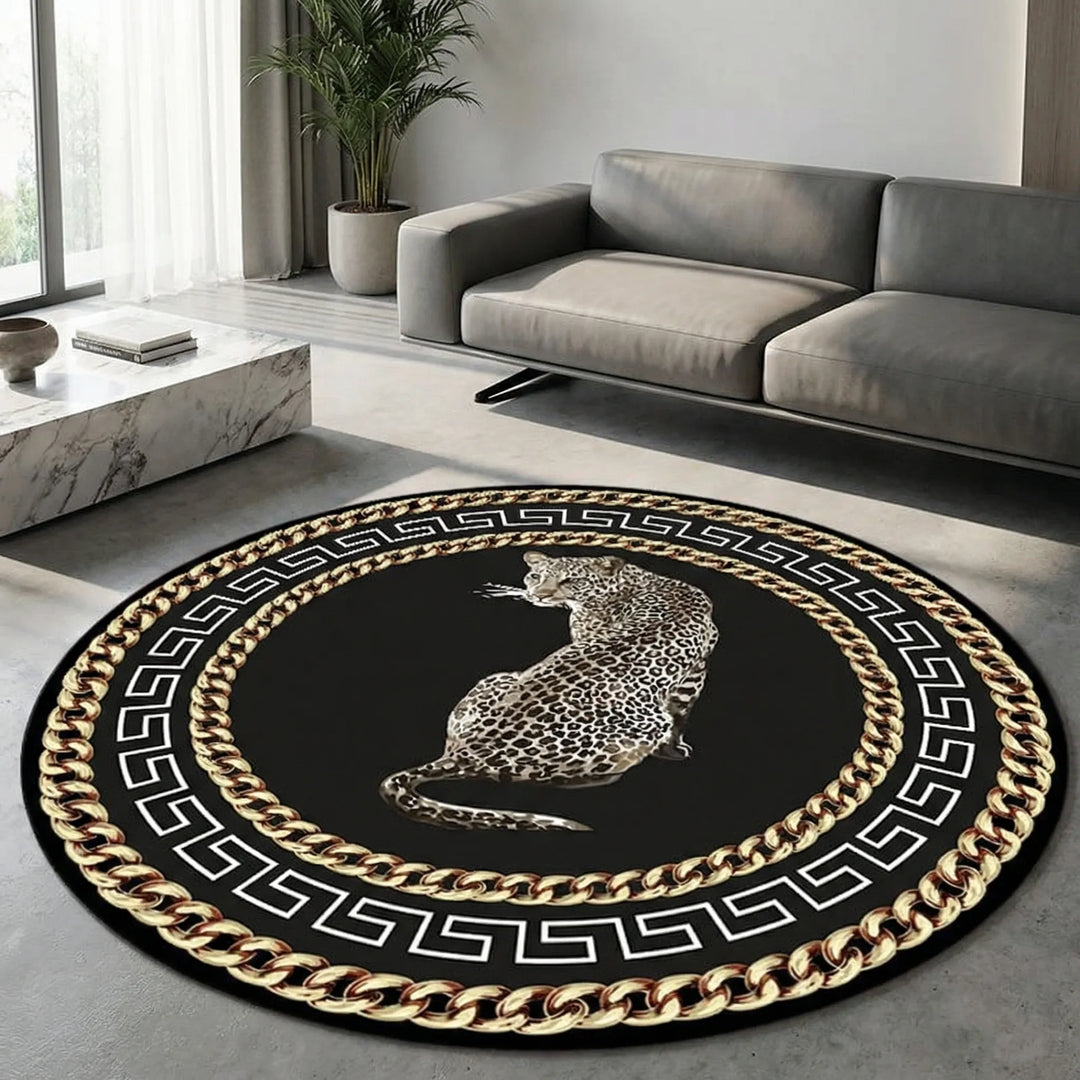 Chic round leopard print area rug. Stylish floor accent for indoor or outdoor home decor. Non-slip, easy care.