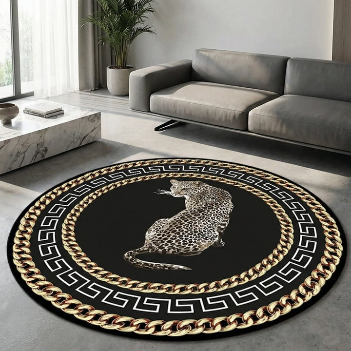 Chic round leopard print area rug. Stylish floor accent for indoor or outdoor home decor. Non-slip, easy care.