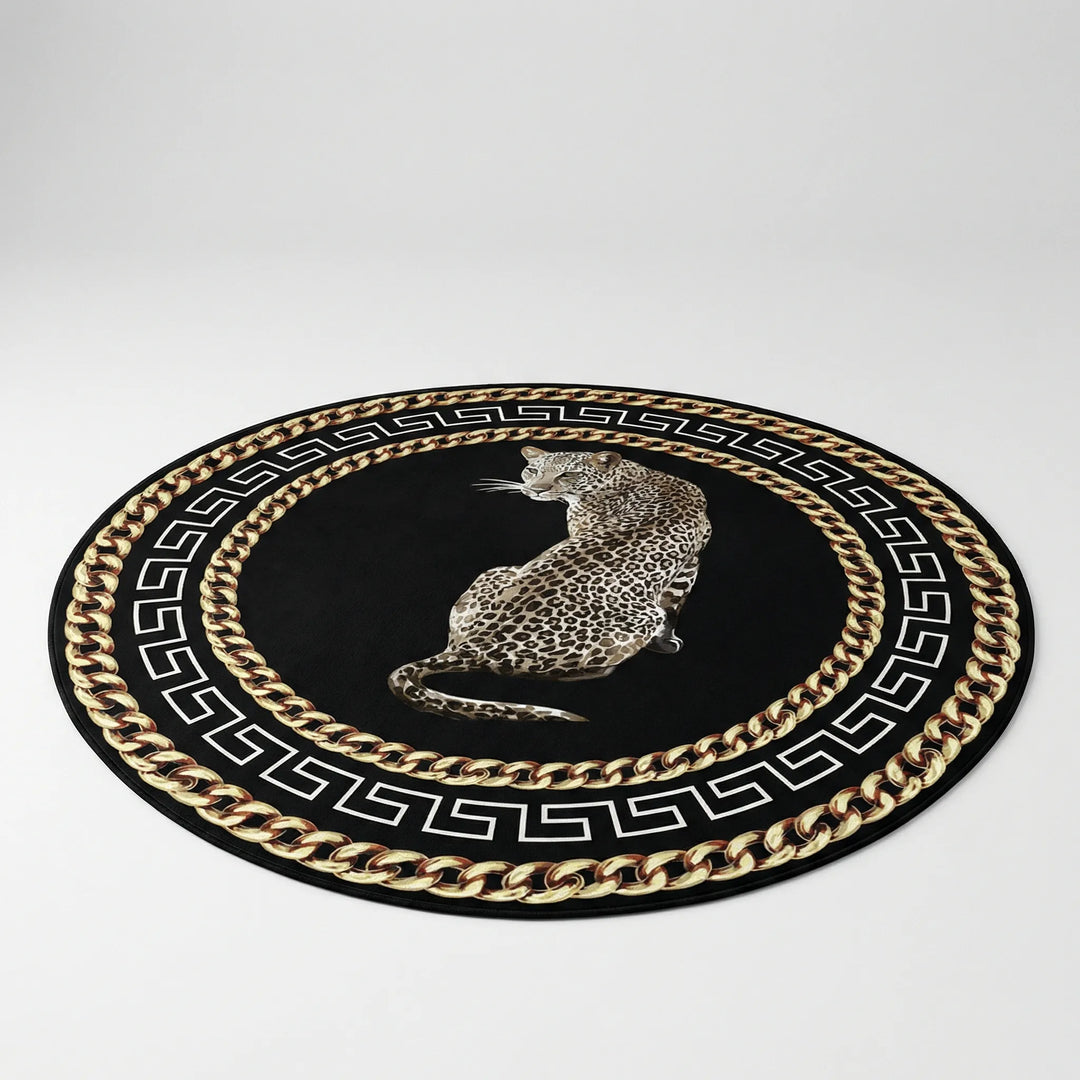 Flowique statement round area rug with modern leopard print & wave design. Chic home floor decor accent.