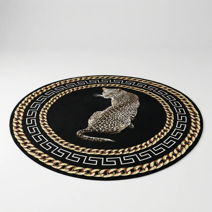Flowique statement round area rug with modern leopard print & wave design. Chic home floor decor accent.