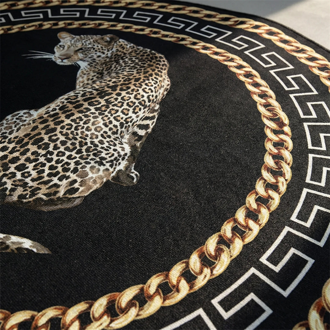 Round leopard print area rug. Durable, non-slip, easy care indoor/outdoor floor accent. Chic home decor.