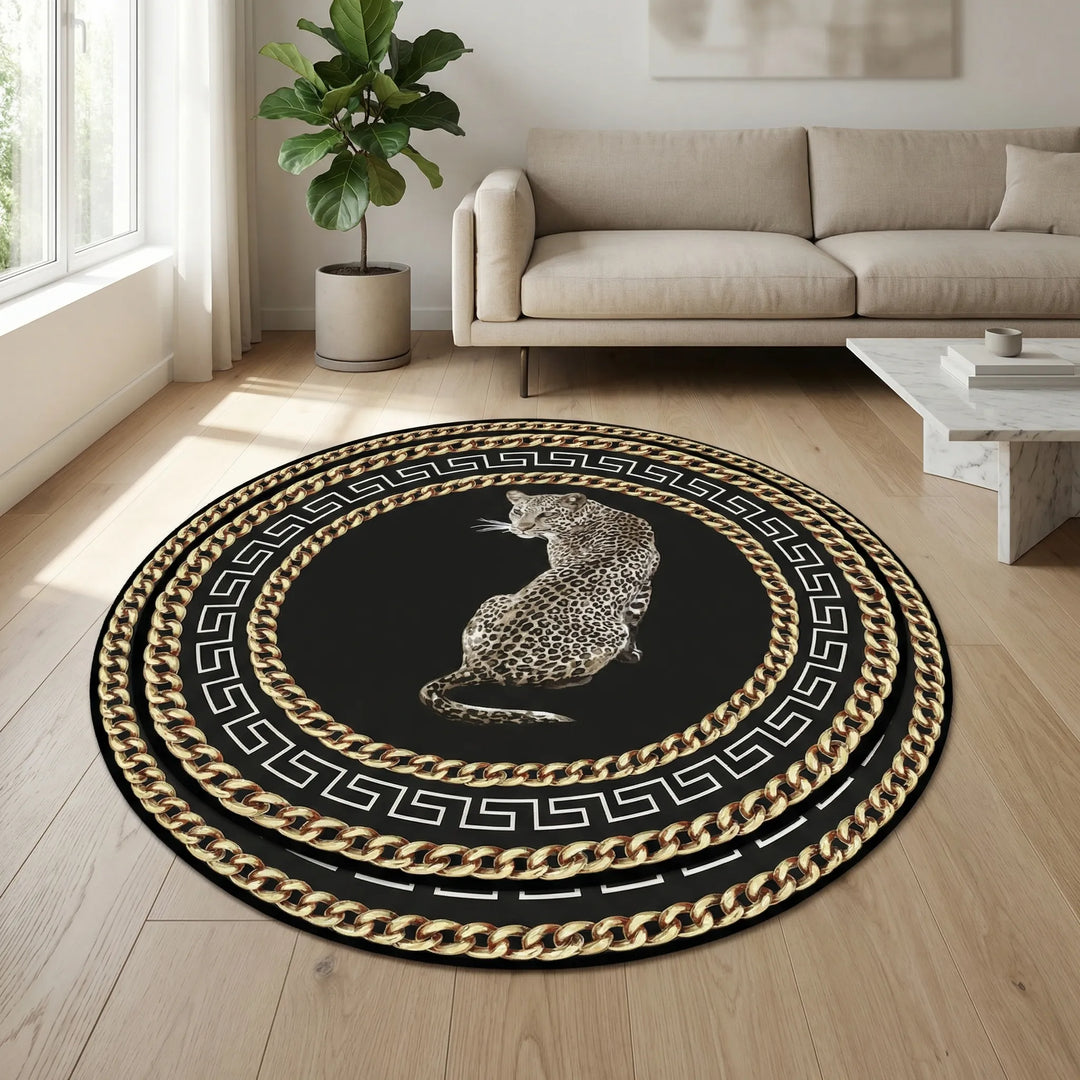 Vibrant round leopard print area rug for modern homes. Statement floor accent, ideal for indoor/outdoor use.