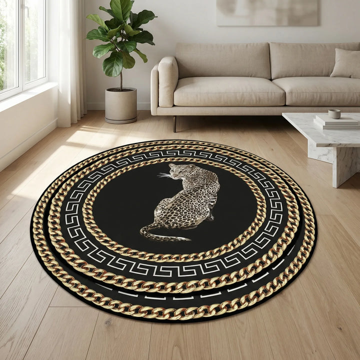 Vibrant round leopard print area rug for modern homes. Statement floor accent, ideal for indoor/outdoor use.