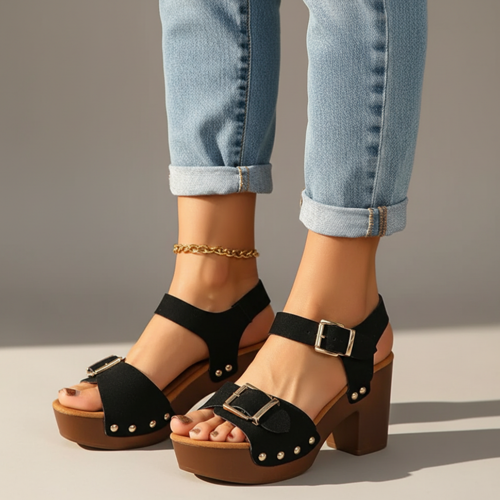 Modern women's orthopedic sandals with adjustable strap and square buckle, perfect for summer comfort.