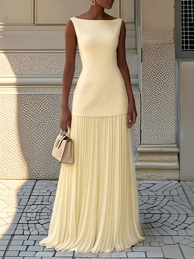 Stylish women's pleated boat-neck maxi dress, a perfect wedding guest or formal evening gown for special events.