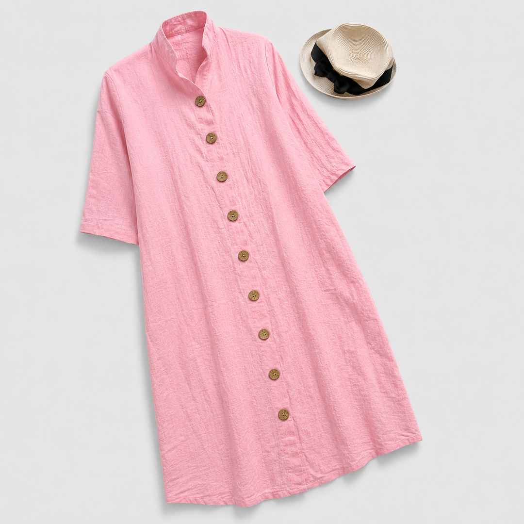 Elegant women's button-down shirt dress, featuring a modern layered hem. Ideal casual midi for all-season style.