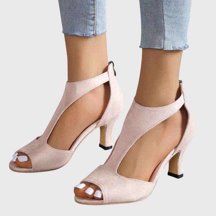Comfortable women's evening sandals: stylish cut-out, peep toe, block heel, and secure ankle strap.
