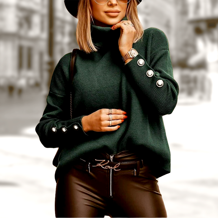 Comfortable Elara women's buttoned turtleneck top. Versatile for casual or elegant fall/winter wear.