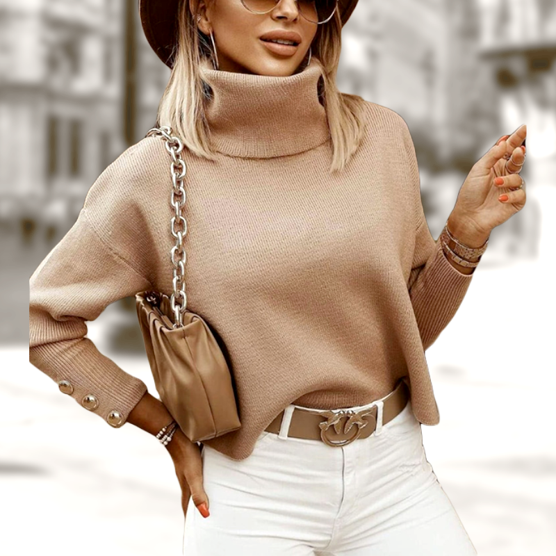 Women's Elara turtleneck top with stylish buttoned detail. Classic comfort for any fall/winter outfit.