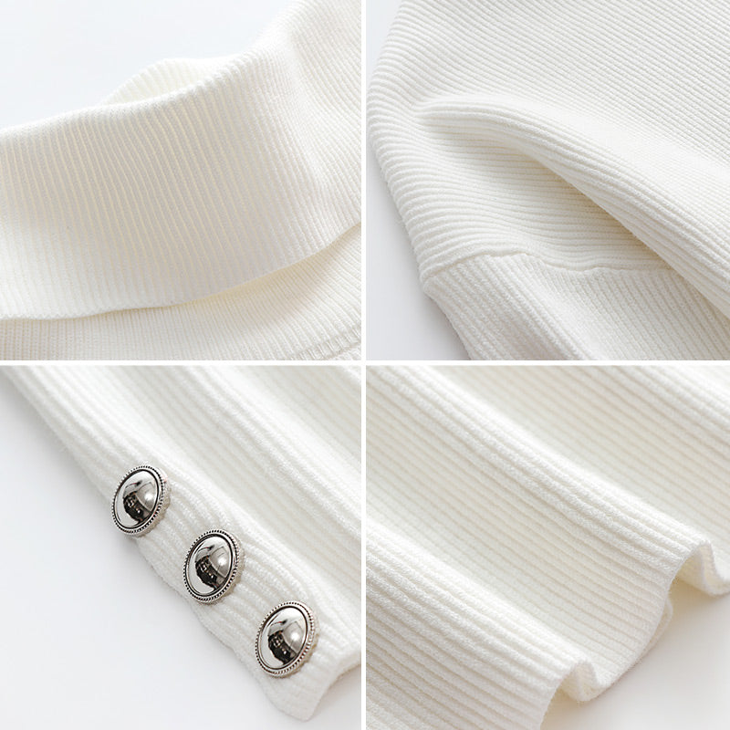 Elara women's chic buttoned turtleneck top. Comfortable long sleeve design, perfect for winter elegance.