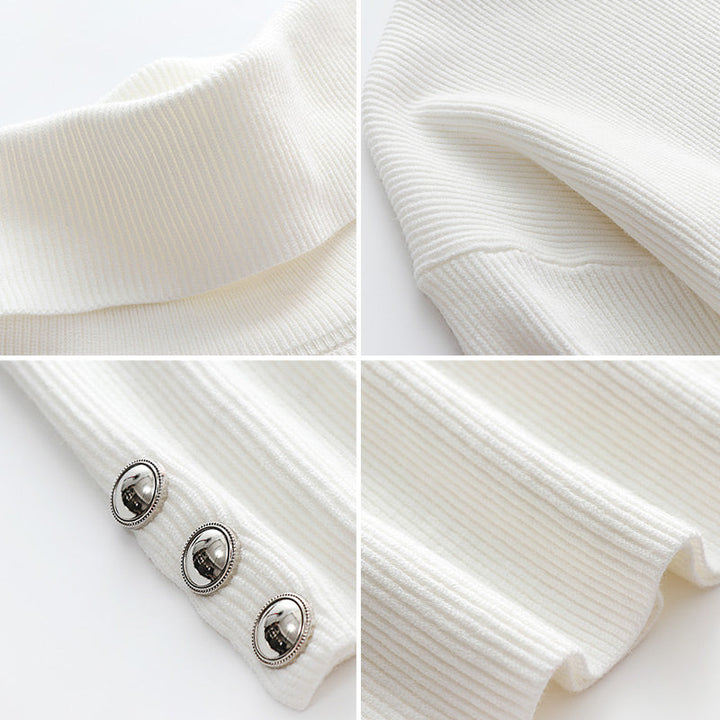 Elara women's chic buttoned turtleneck top. Comfortable long sleeve design, perfect for winter elegance.