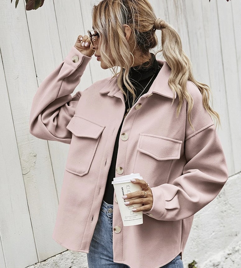 Chic women's Elodie short button-up jacket in a lightweight design, perfect for autumn fashion & transitional office wear.