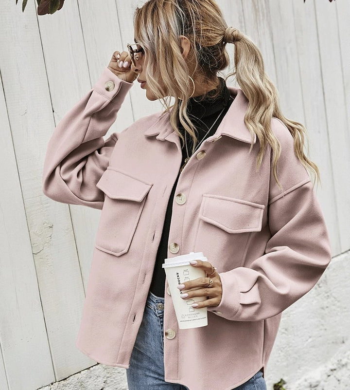 Chic women's Elodie short button-up jacket in a lightweight design, perfect for autumn fashion & transitional office wear.