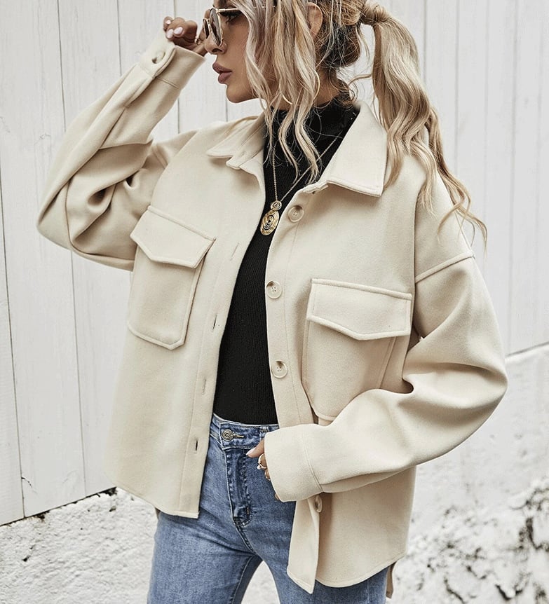 Casual women's short button jacket for fall fashion. Cozy & chic outerwear, ideal for effortless style & daily wear.
