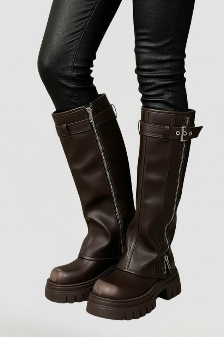 Stylish brown women's tall platform boots, ideal for adding a chic touch to fall & winter outfits.
