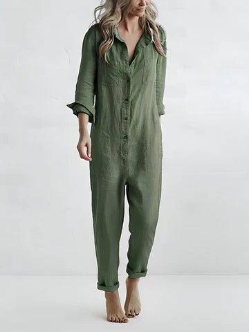 Comfortable casual women's long sleeve jumpsuit with stylish button placket, ideal for everyday chic fashion.