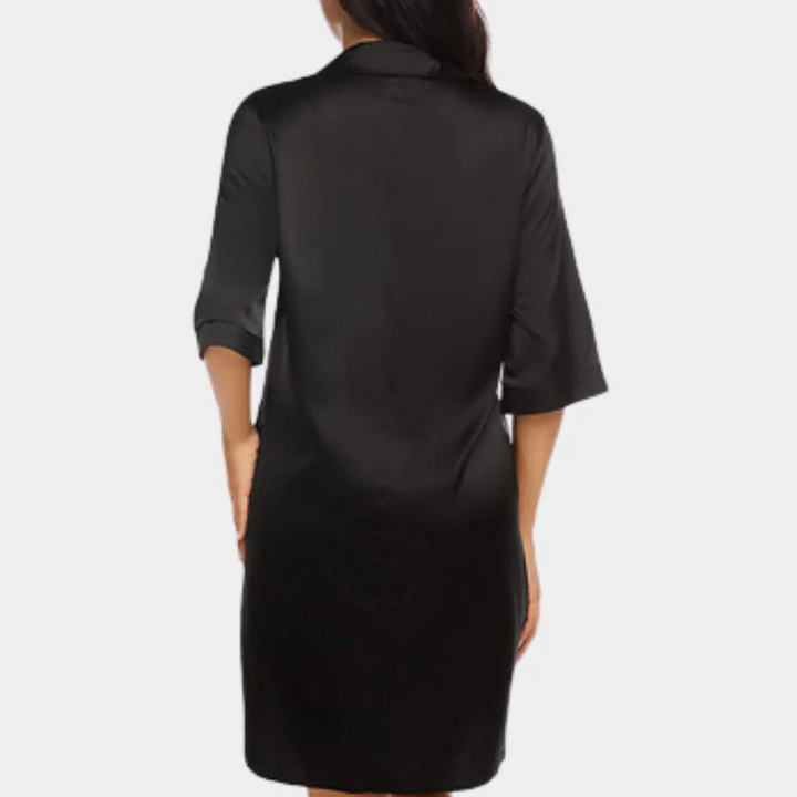 Comfortable women's button-down mini dress. Perfect as sleep shirt, beach coverup, or chic casual loungewear.