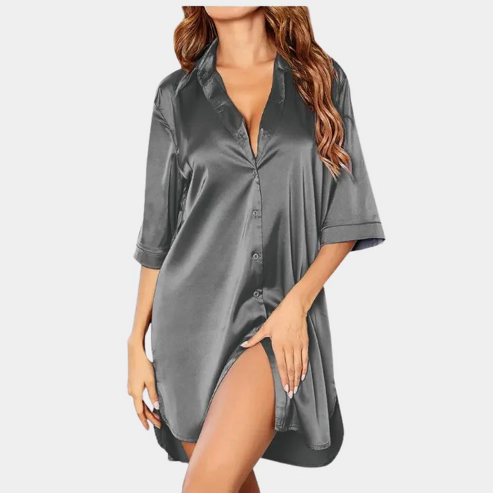 Relaxed fit women's half-sleeve button-down mini dress. Comfortable for sleep, stylish for casual wear & beach.