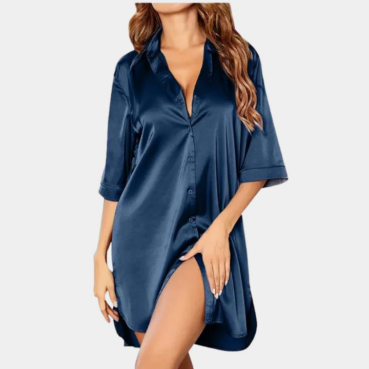 Soft & comfy women's relaxed button-down sleep shirt mini dress. Ideal for lounging, sleeping, or a chic casual look.
