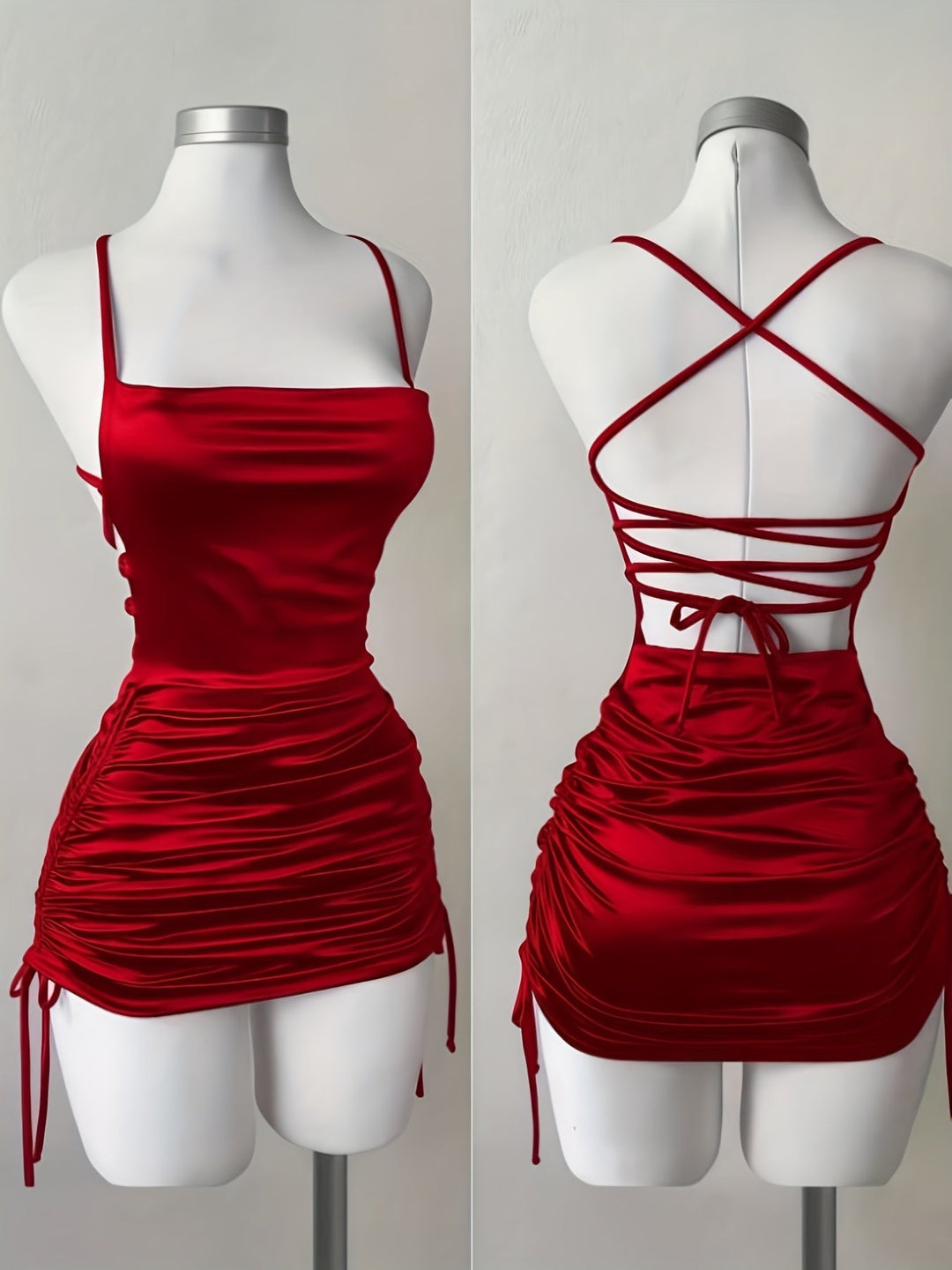 Versatile women's ruched drawstring mini dress, great for homecoming, parties, or formal evenings.