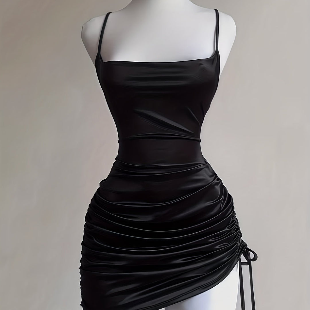 Women's adjustable ruched drawstring mini homecoming dress; a flattering bodycon party outfit.