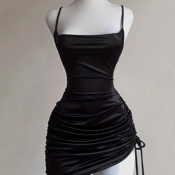 Women's adjustable ruched drawstring mini homecoming dress; a flattering bodycon party outfit.
