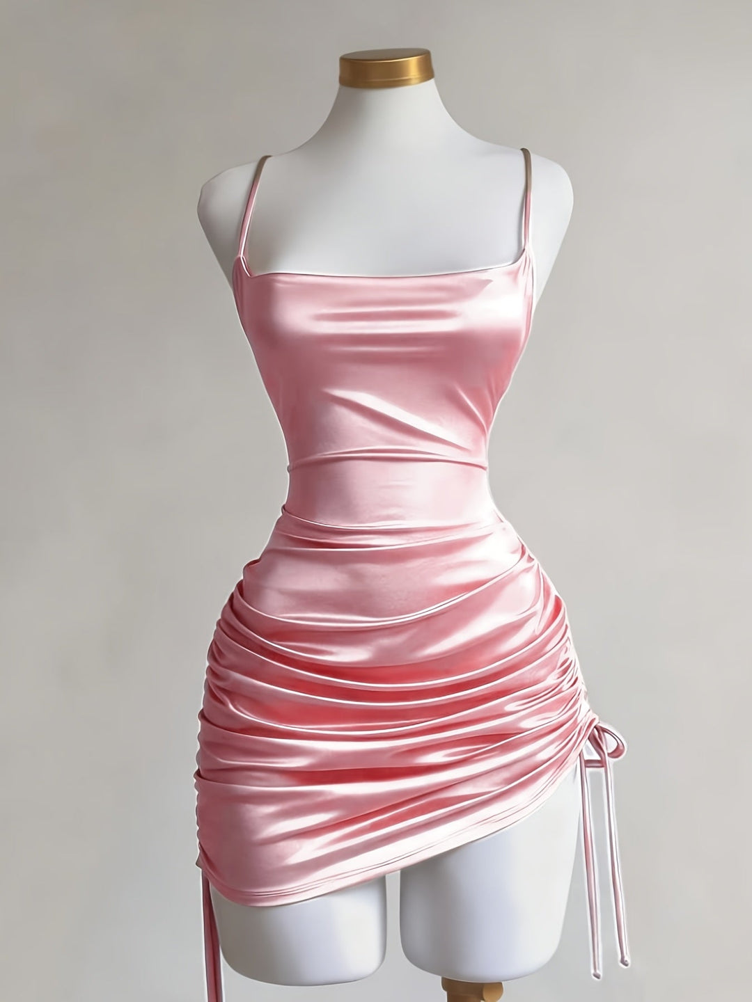 Women's sleeveless square neck mini dress with adjustable ruched drawstring, a stunning party dress.