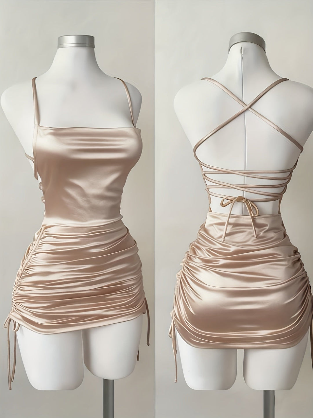 Chic women's mini ruched dress with adjustable drawstring, perfect for homecoming or cocktail events.