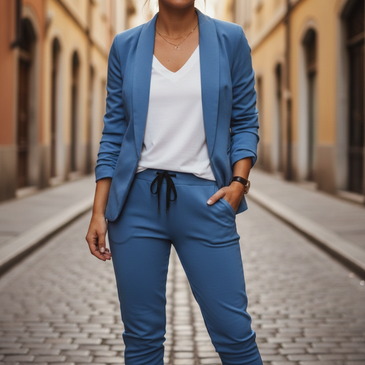 Women's smart casual blazer & jogger set. Tailored ruched sleeve blazer with comfy matching jogger pants.