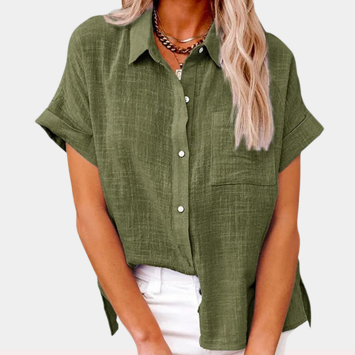 Versatile women's short sleeve button-down shirt for effortless everyday wear, a stylish casual top.