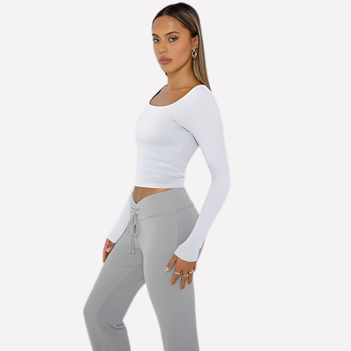Chic women's square neck long sleeve crop top. Trendy, solid color, perfect for everyday casual wear.