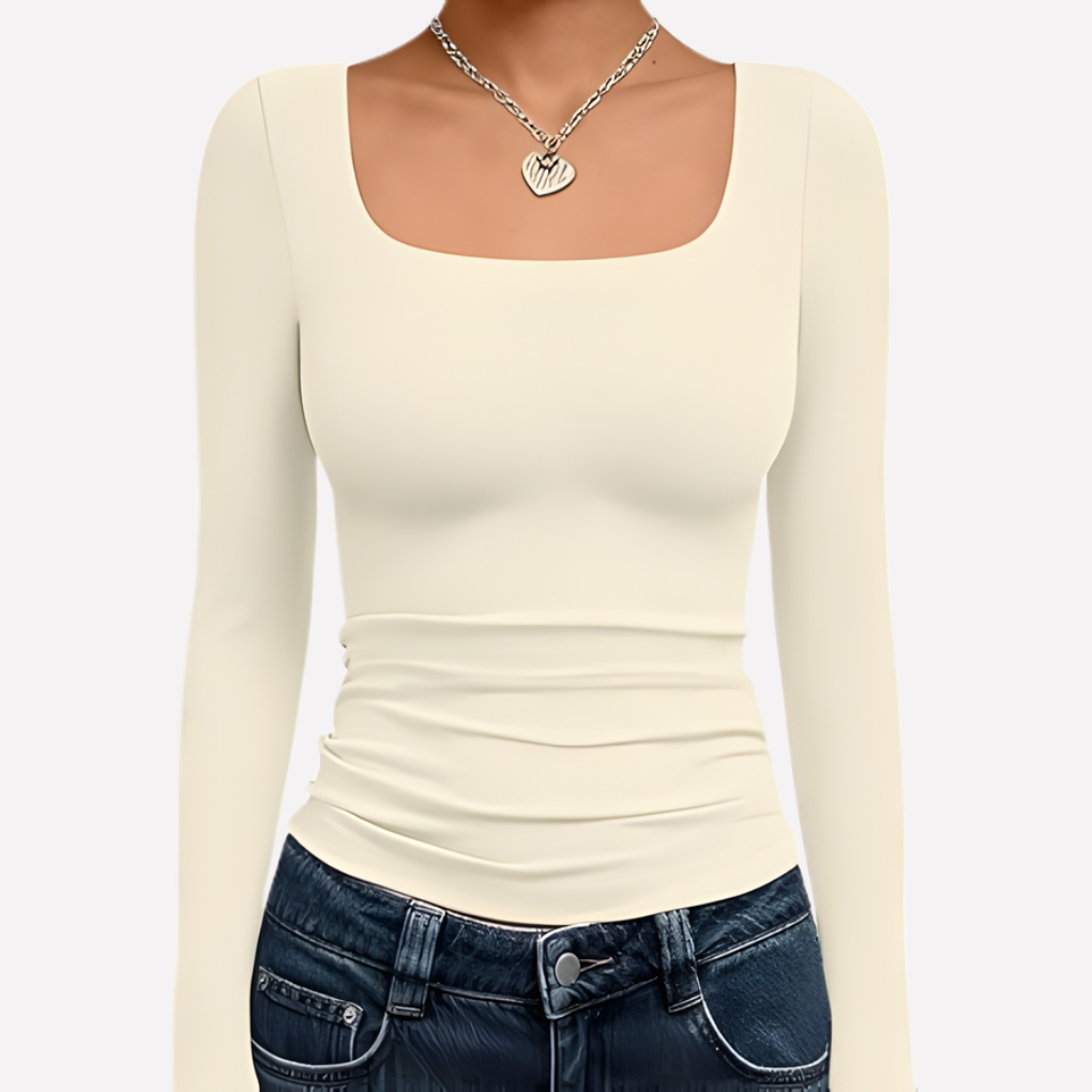 Modern women's long sleeve crop top with a flattering square neck. Great for casual, stylish fashion.