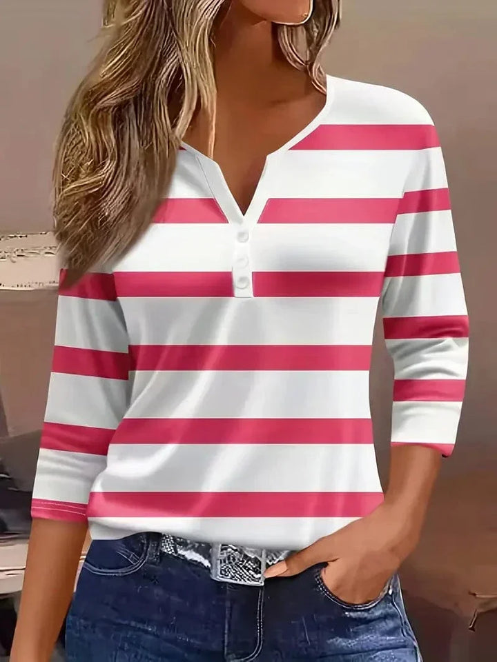 Sophisticated women's striped V-neck shirt, a three-quarter sleeve blouse for smart casual workwear and summer.